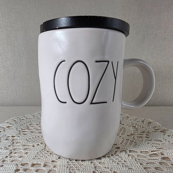 Rae Dunn Other - Rae Dunn Ceramic "Cozy" Mug With Black Lid 16 Oz Capacity White With Textured Fi